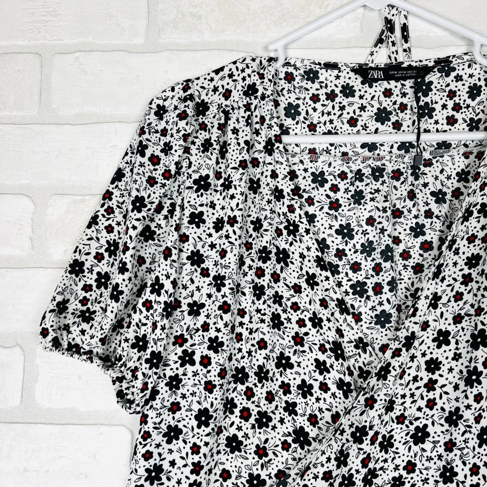 Zara Womens Floral Wrap Top White Black Red Ditsy Puff Sleeve Blouse Medium